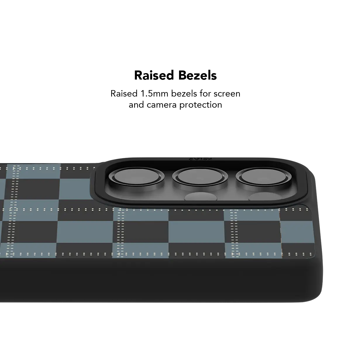 Raised bezel on the blue tartan Galaxy case lifting the camera lenses clear of a flat surface