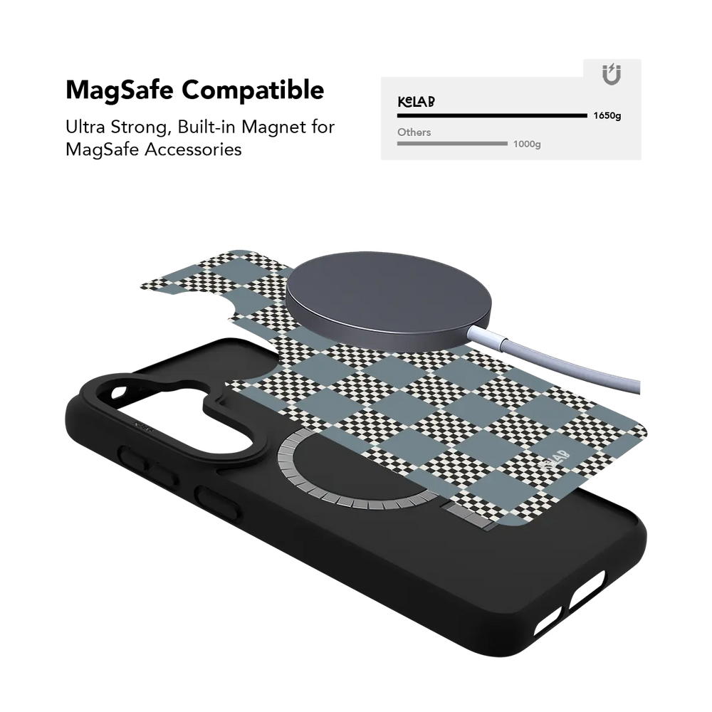 Blue checkerboard Samsung Galaxy case holding a magnetic wireless charger through the built in ring