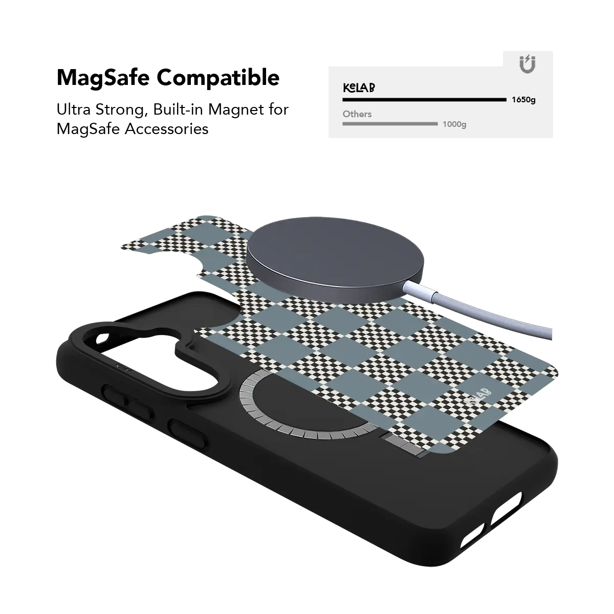 Blue checkerboard Samsung Galaxy case holding a magnetic wireless charger through the built in ring