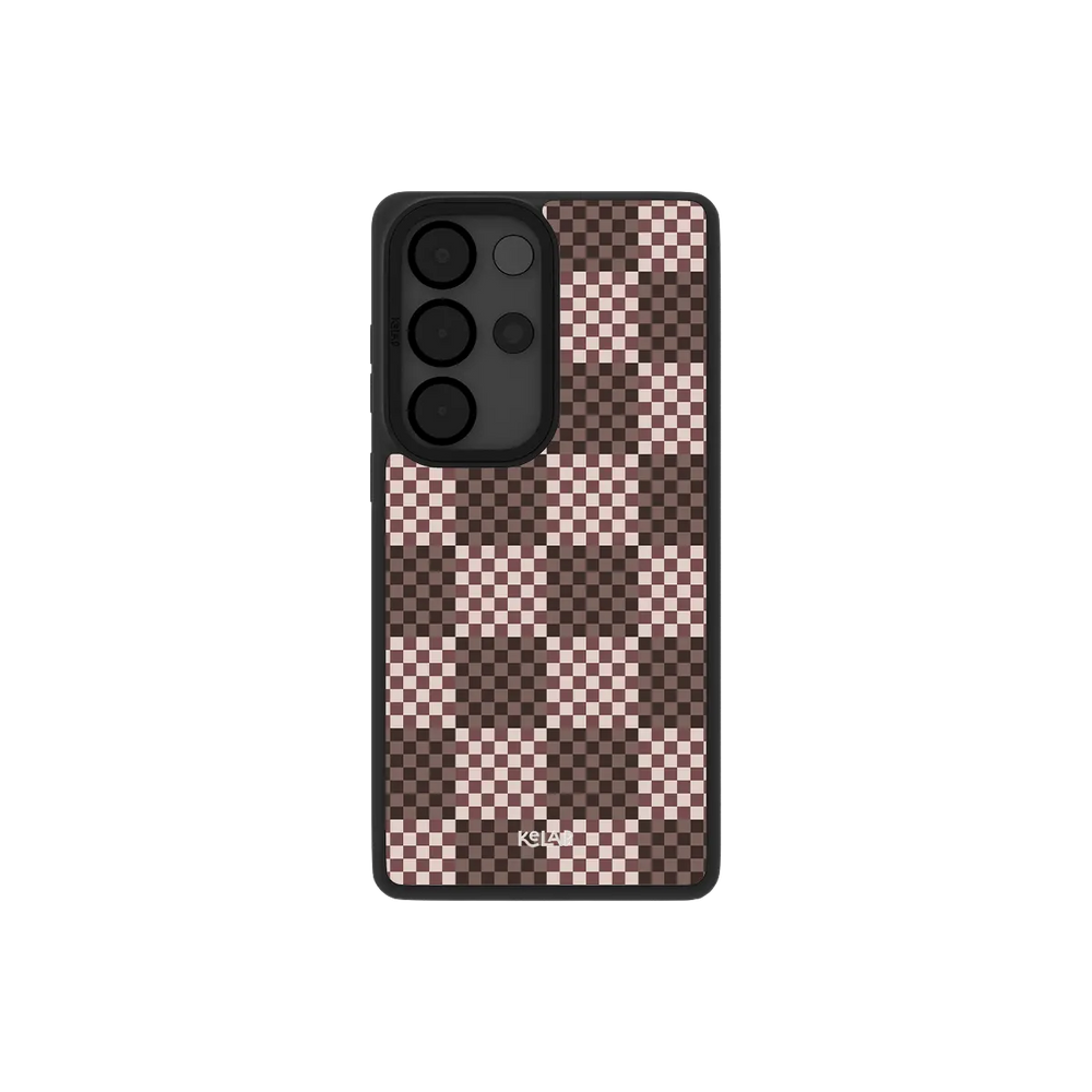 Brown checkerboard Samsung Galaxy case, back view with espresso, mocha and blush checks around the camera cutout