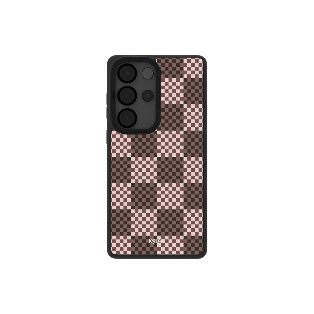 Brown checkerboard Samsung Galaxy case, back view with espresso, mocha and blush checks around the camera cutout