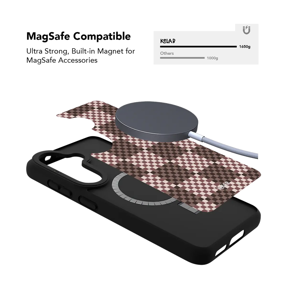 Brown checkerboard Samsung Galaxy case holding a magnetic wireless charger through the built in ring