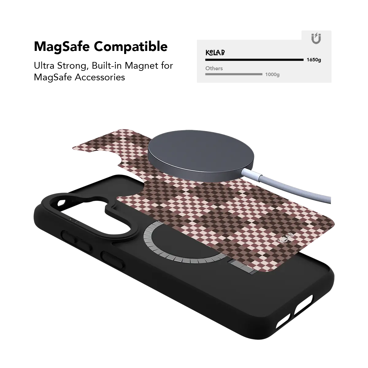 Brown checkerboard Samsung Galaxy case holding a magnetic wireless charger through the built in ring