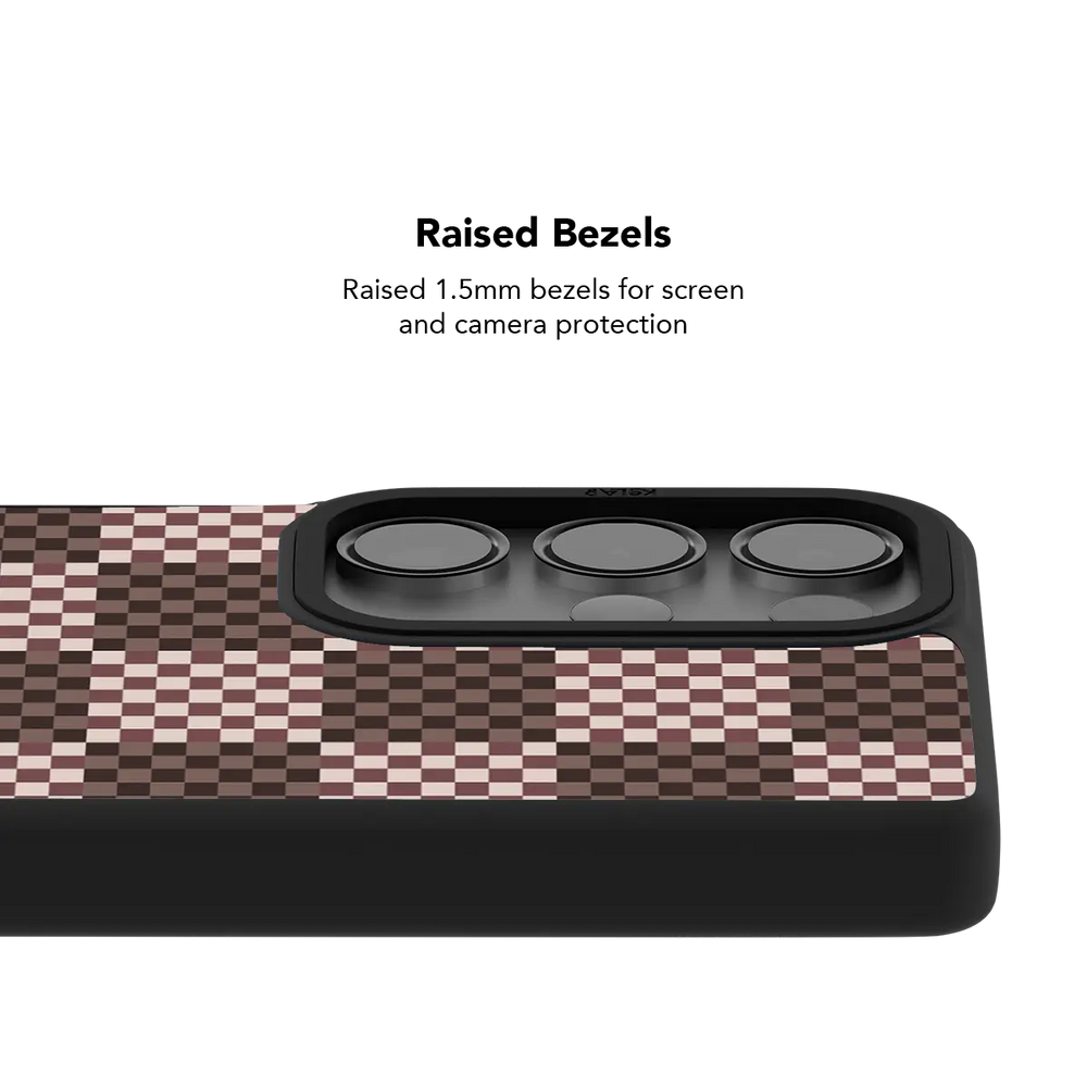 Raised bezel on the brown checkerboard Galaxy case lifting the camera lenses clear of a flat surface