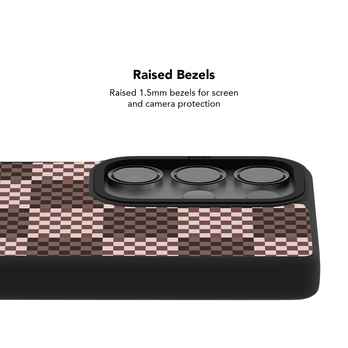 Raised bezel on the brown checkerboard Galaxy case lifting the camera lenses clear of a flat surface