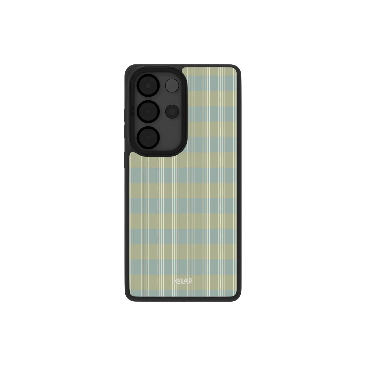 Sage green plaid Samsung Galaxy case, back view with olive and misty blue tartan around the camera cutout