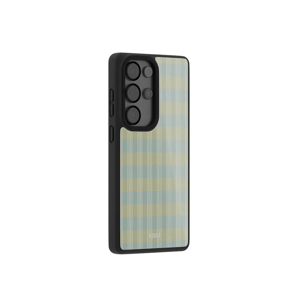 Sage green tartan plaid Samsung Galaxy case at a side angle showing the wrapped button covers