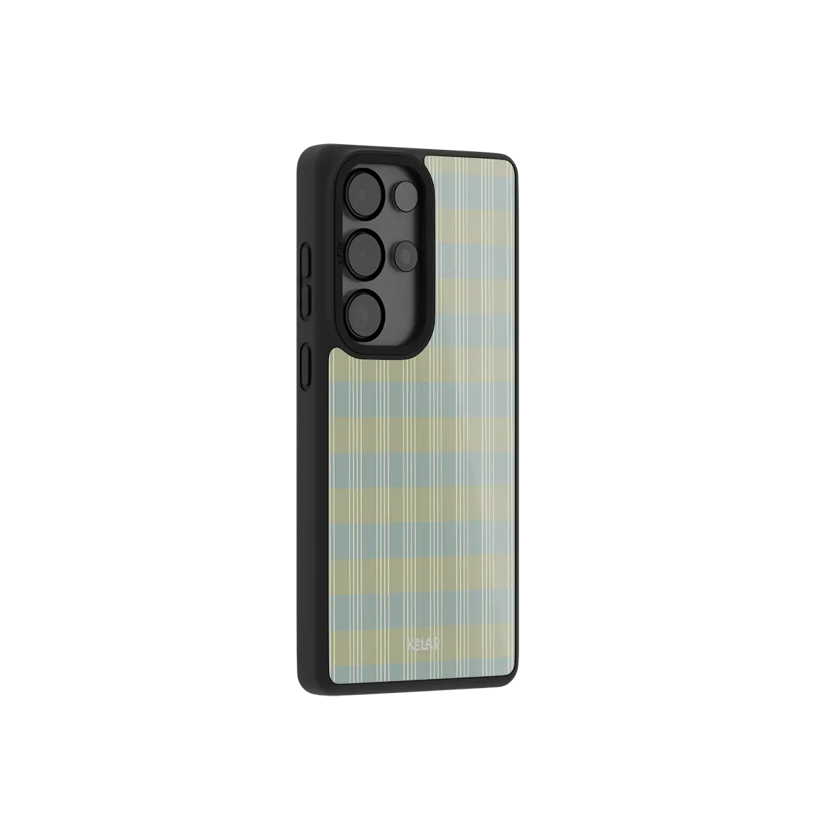 Sage green tartan plaid Samsung Galaxy case at a side angle showing the wrapped button covers