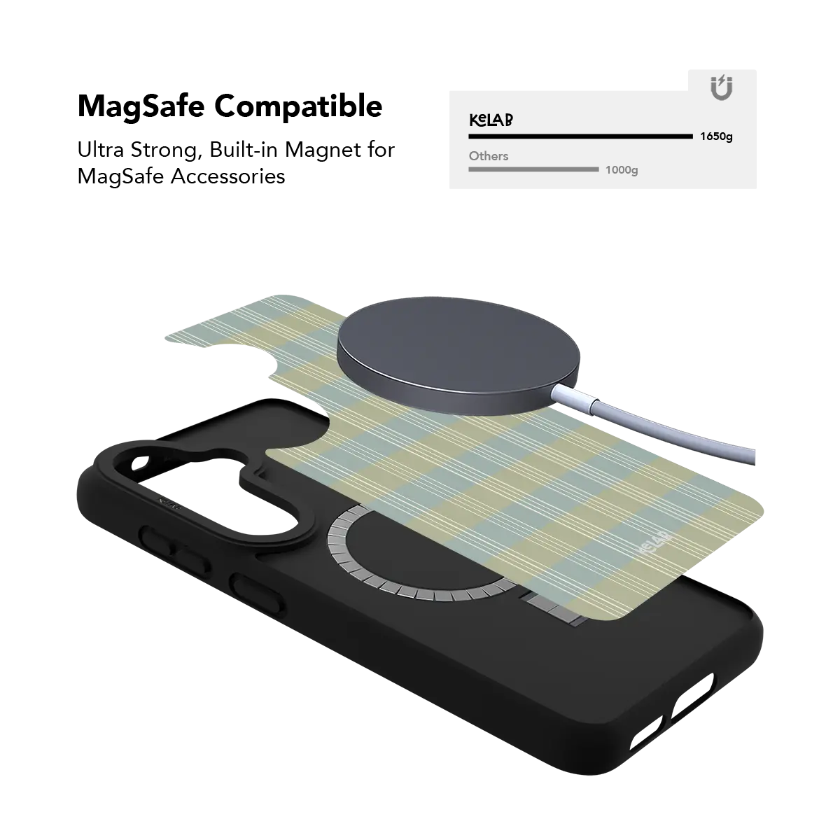 Sage green tartan plaid Samsung Galaxy case holding a magnetic wireless charger through the built in ring