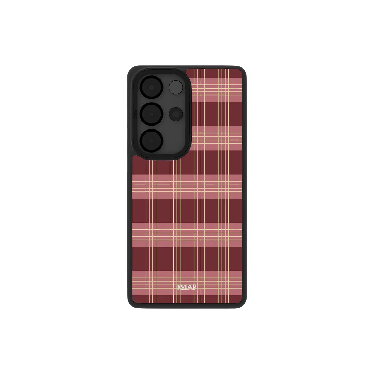 Burgundy plaid Samsung Galaxy case, back view with wine and dusty rose tartan around the camera cutout
