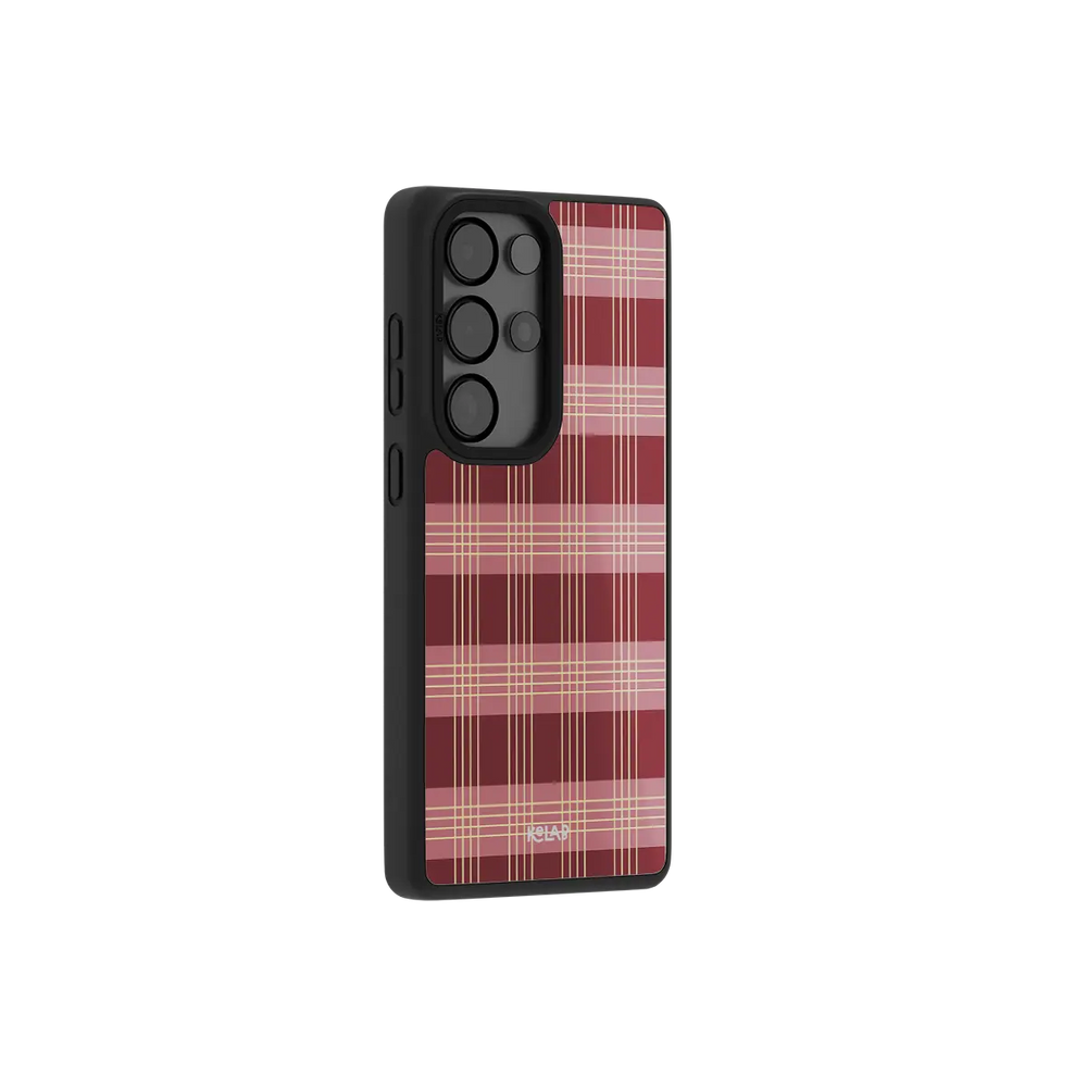Burgundy tartan plaid Samsung Galaxy case at a side angle showing the wrapped button covers