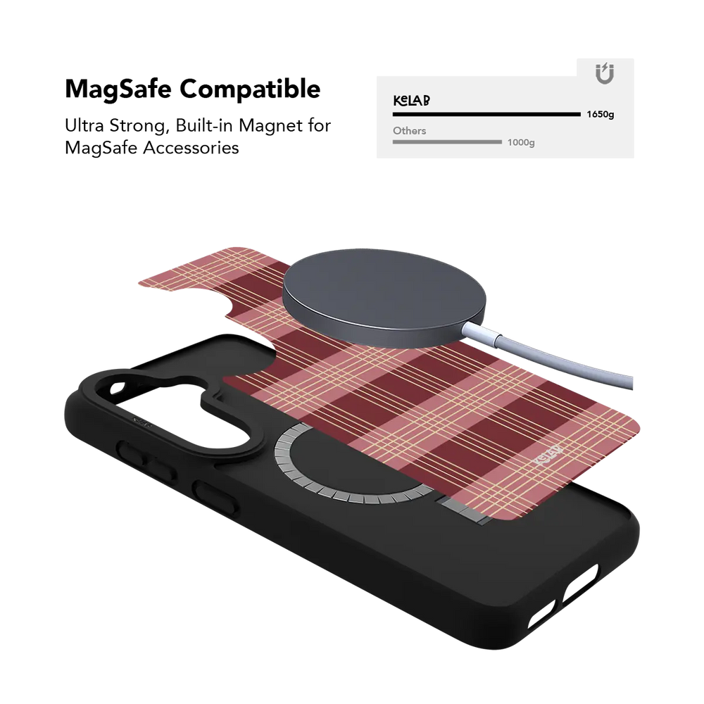 Burgundy tartan plaid Samsung Galaxy case holding a magnetic wireless charger through the built in ring