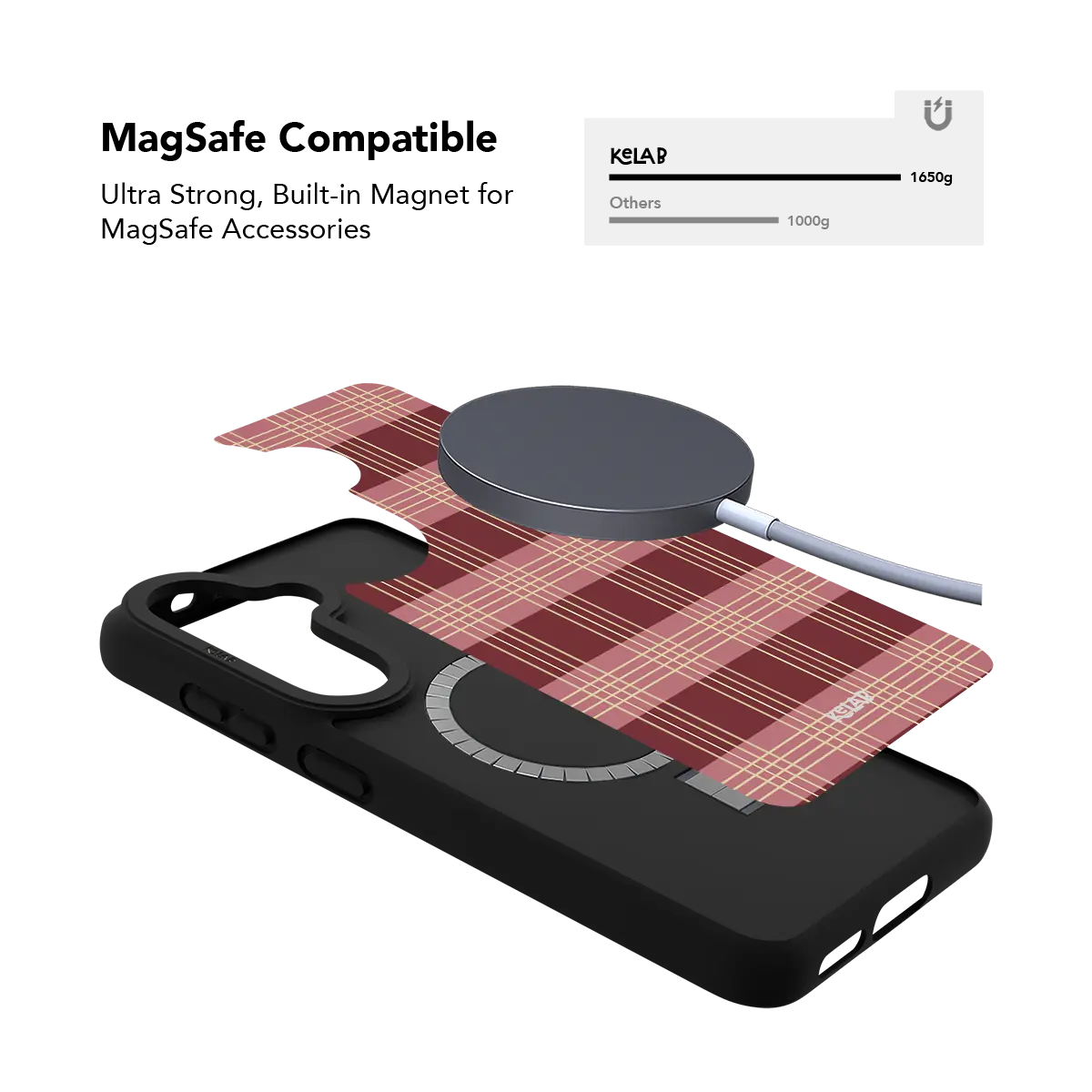 Burgundy tartan plaid Samsung Galaxy case holding a magnetic wireless charger through the built in ring