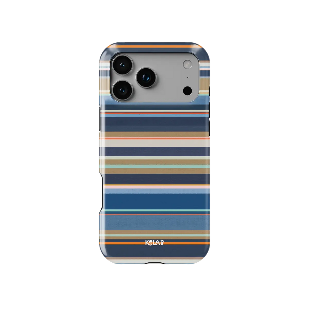 Navy nautical multi-stripe Tough iPhone case, front view showing the pattern.