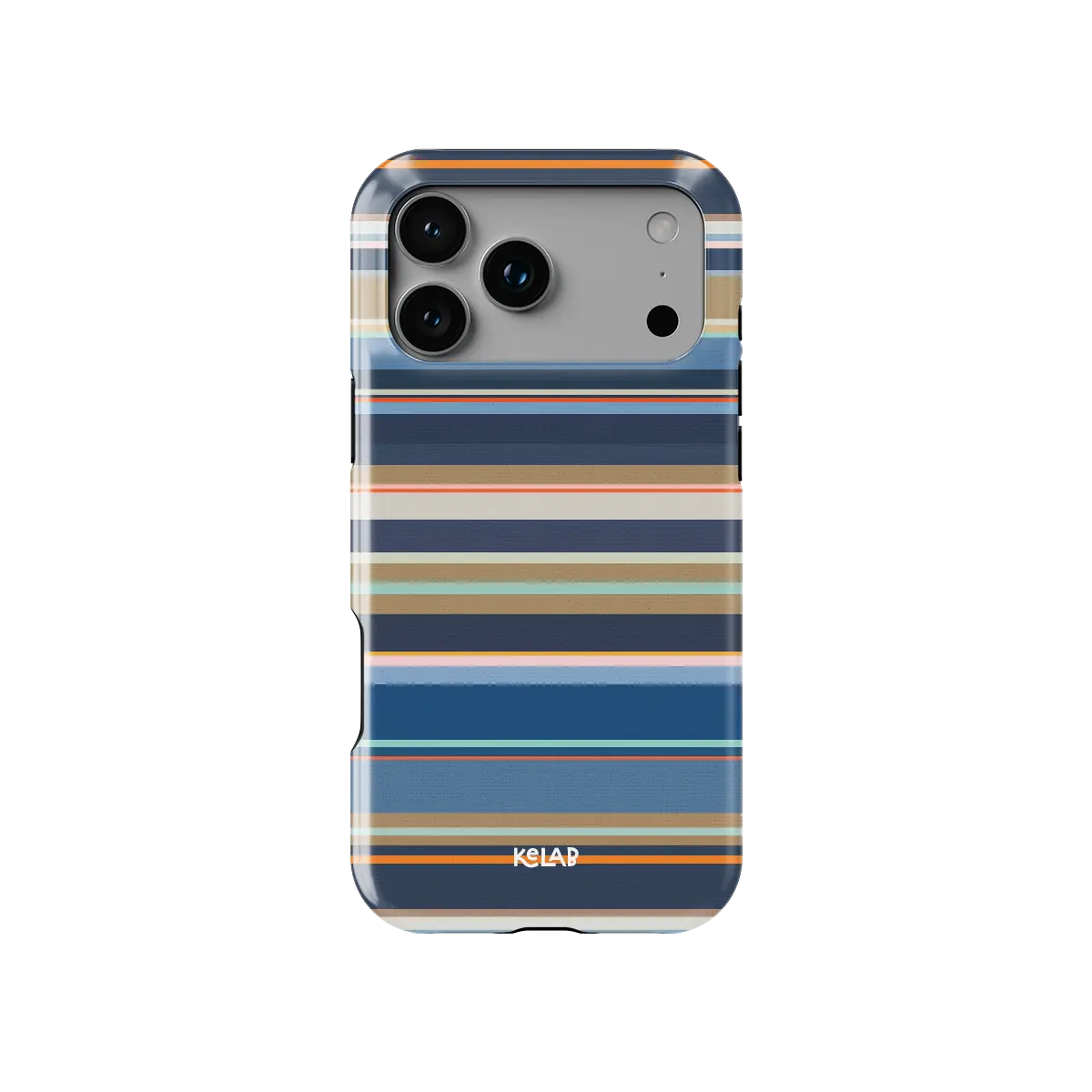 Navy nautical multi-stripe Tough iPhone case, front view showing the pattern.