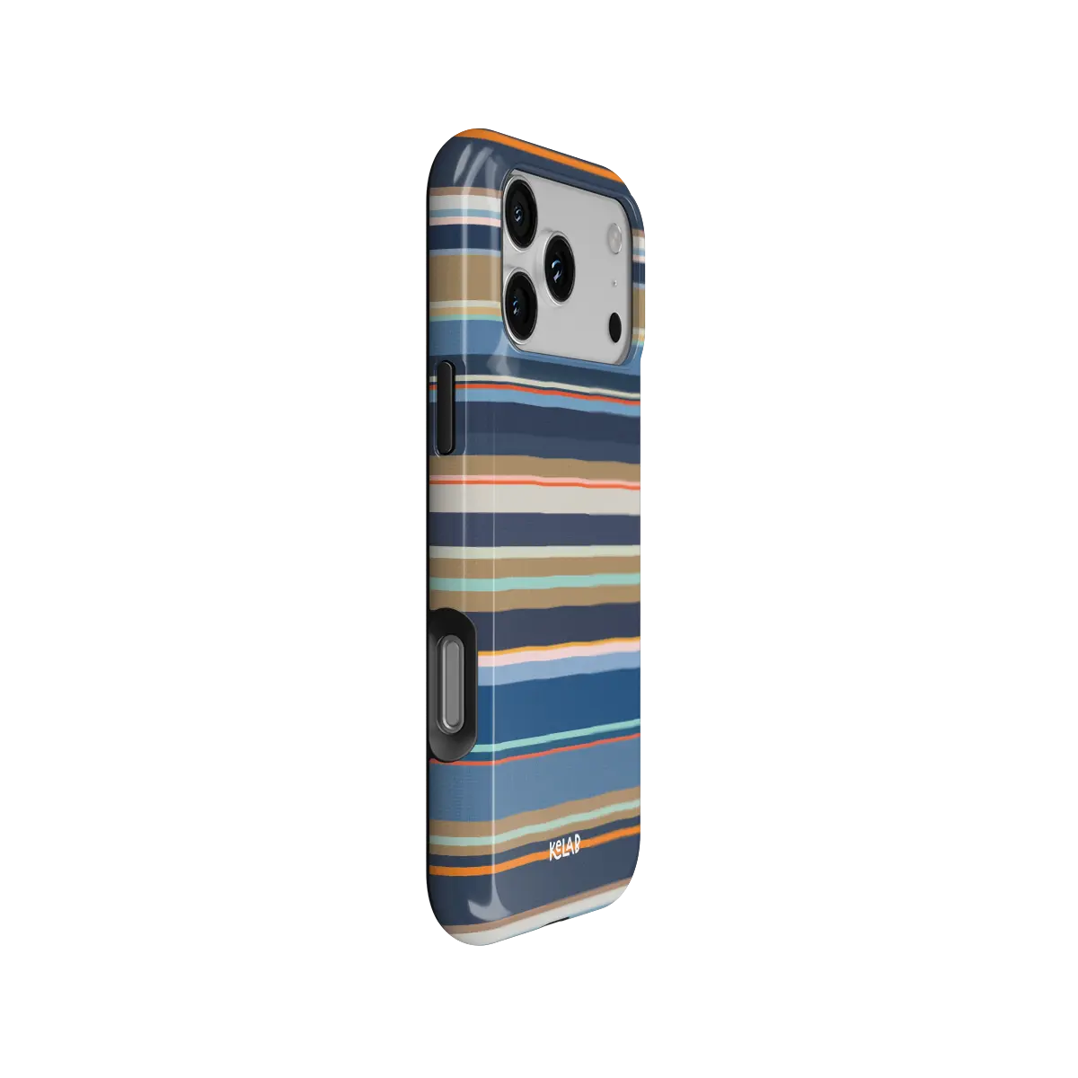 Navy nautical multi-stripe Tough iPhone case, side view with pattern wrapped around buttons.