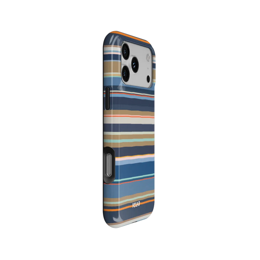 Navy nautical multi-stripe Tough iPhone case, side view with pattern wrapped around buttons.