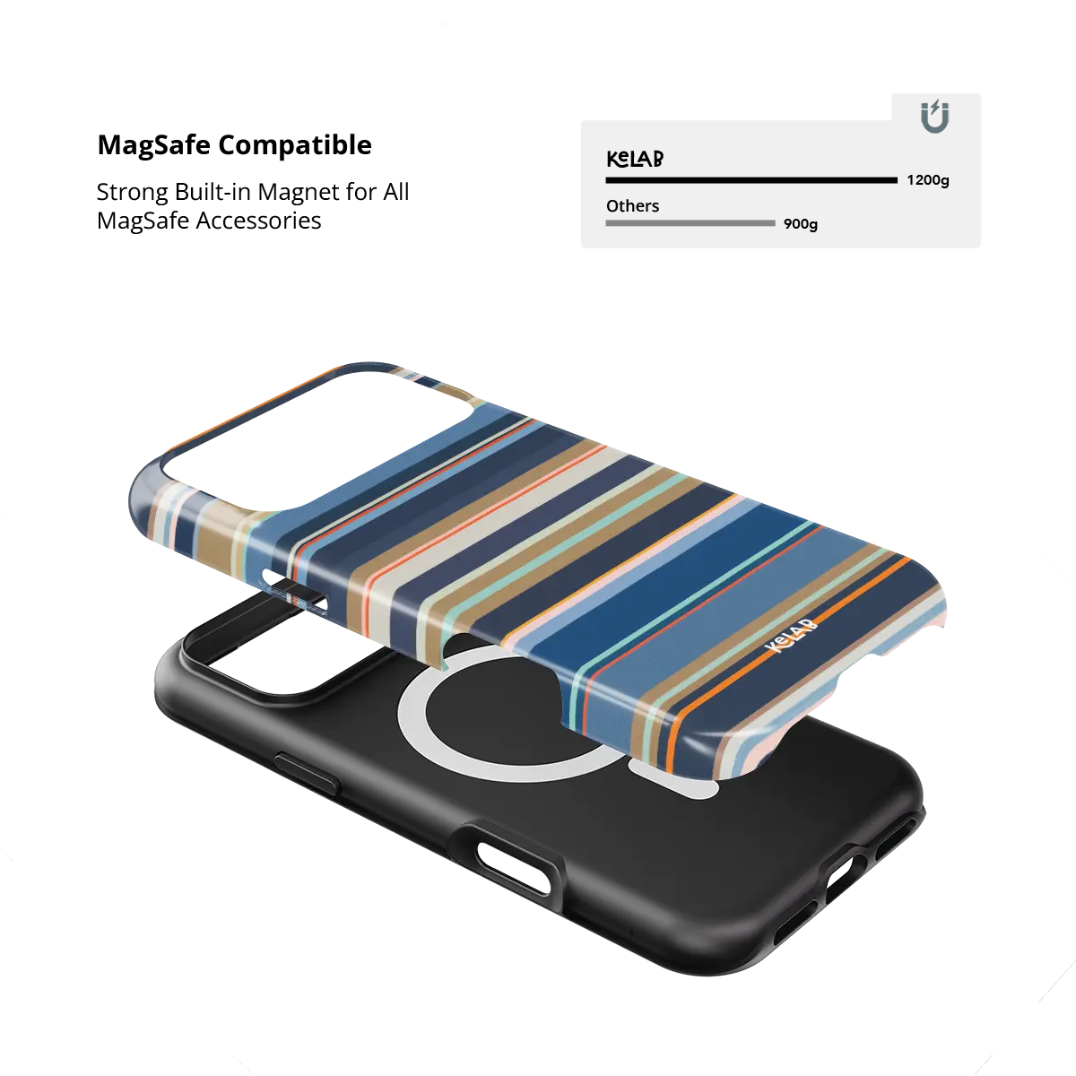Navy nautical multi-stripe Tough iPhone case, built-in strong MagSafe magnets.
