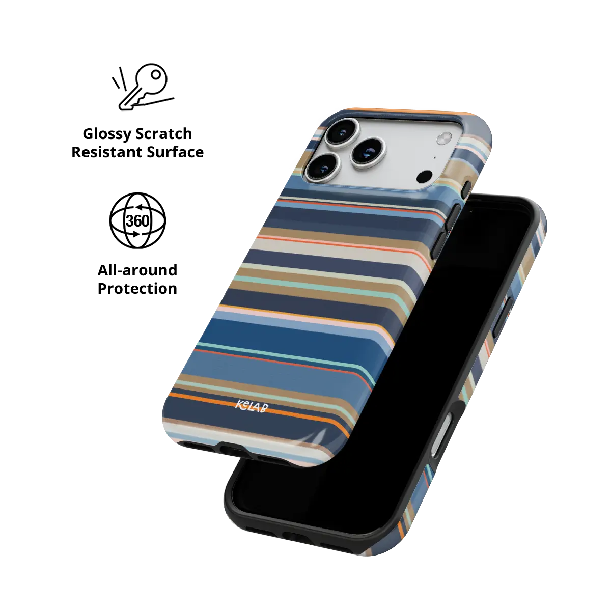 Navy nautical multi-stripe Tough iPhone case, glossy scratch-resistant all-around protection.