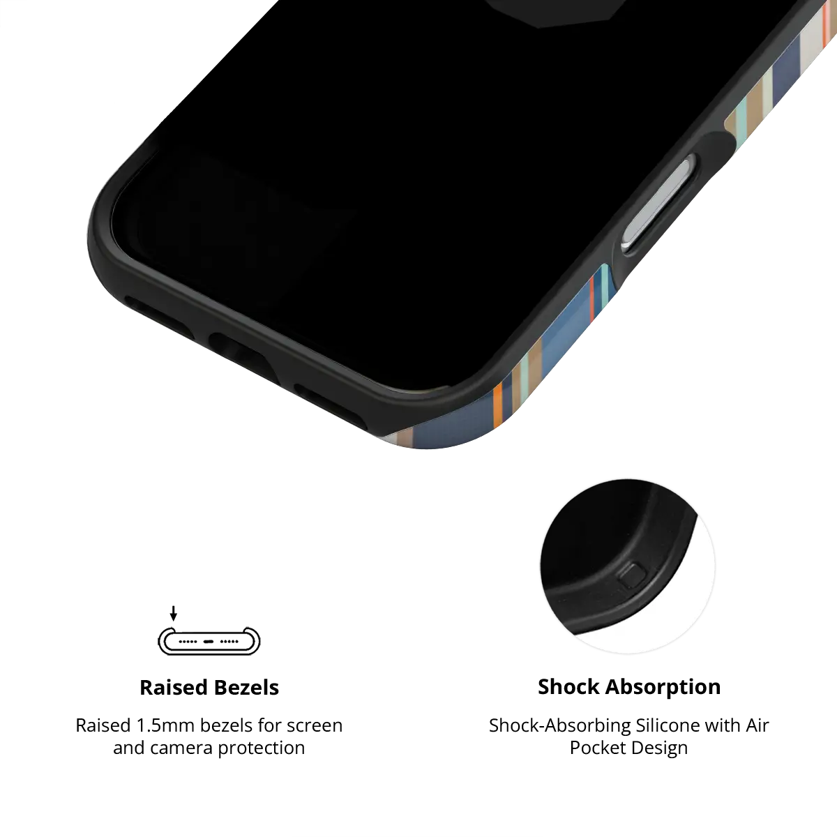 Navy nautical multi-stripe Tough iPhone case, inner view with shock-absorbing liner.