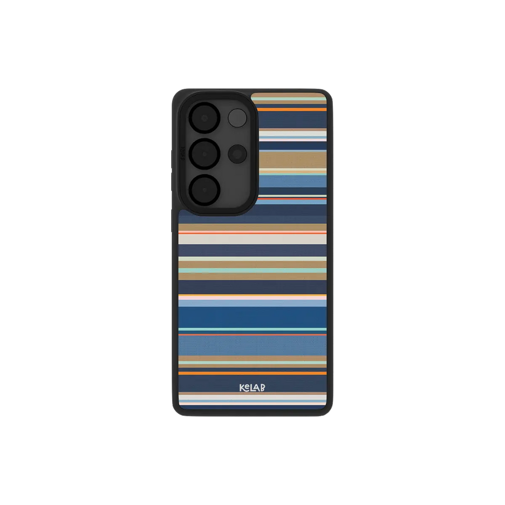 Navy nautical stripe Samsung Galaxy case, back view with indigo, tan and coral bands around the camera cutout