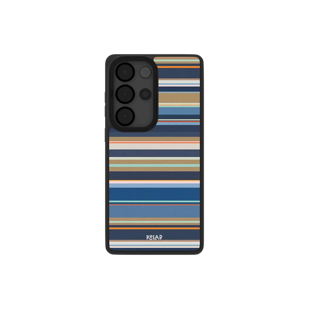 Navy nautical stripe Samsung Galaxy case, back view with indigo, tan and coral bands around the camera cutout