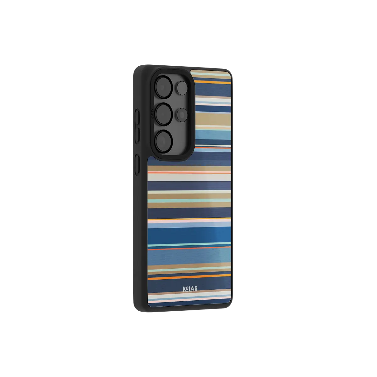 Navy nautical stripe Samsung Galaxy case at a side angle showing the wrapped button covers