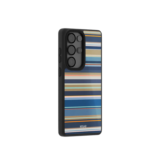 Navy nautical stripe Samsung Galaxy case at a side angle showing the wrapped button covers