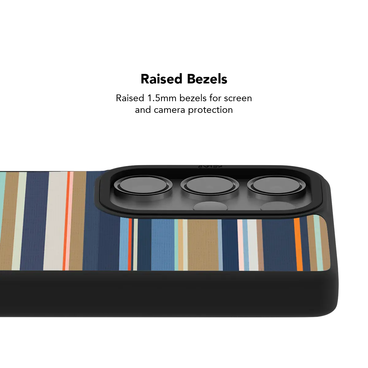 Raised bezel on the navy stripe Galaxy case lifting the camera lenses clear of a flat surface