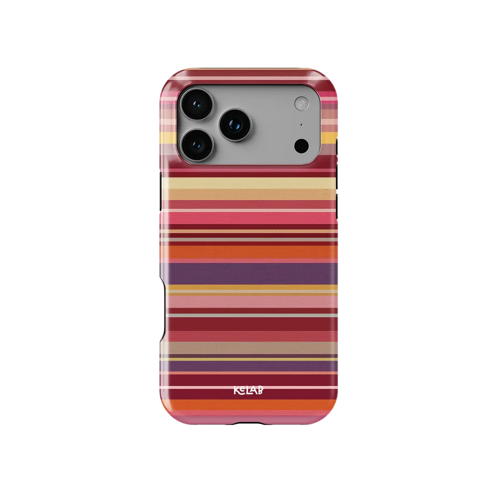 Warm red multi-stripe Tough iPhone case, front view showing the pattern.