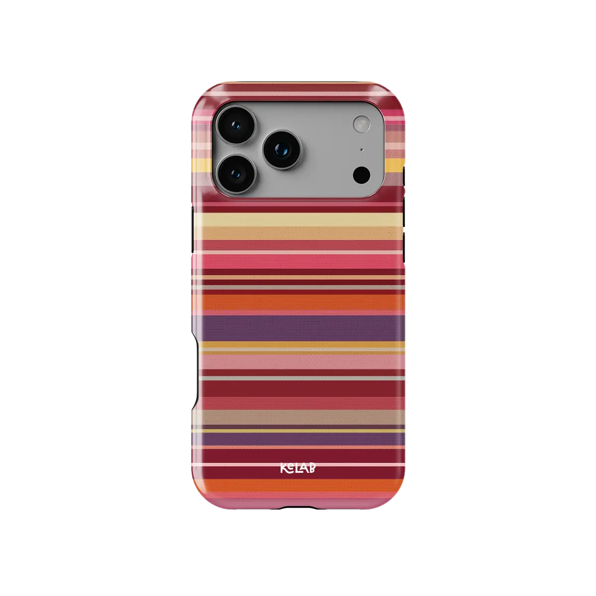 Warm red multi-stripe Tough iPhone case, front view showing the pattern.