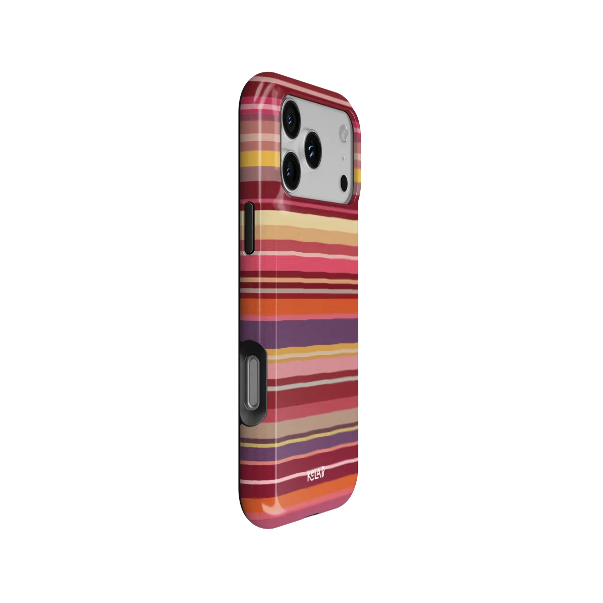 Warm red multi-stripe Tough iPhone case, side view with pattern wrapped around buttons.