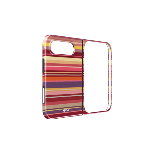 Red Multi Stripe, Warm 70s Retro iPhone 18 Fold Case, unfolded side view showing the hinge