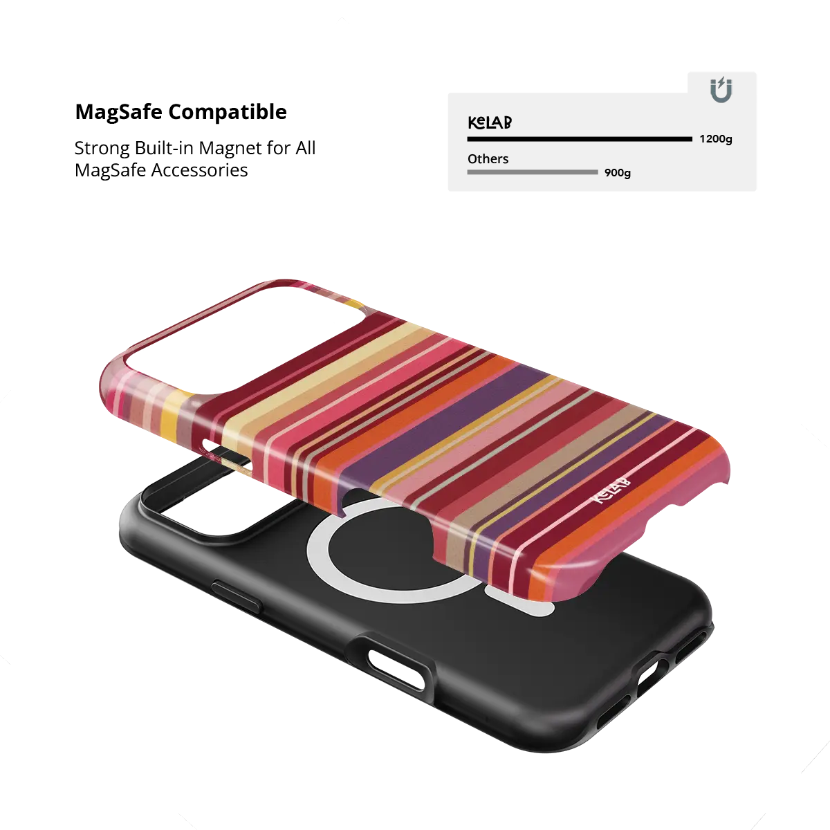 Warm red multi-stripe Tough iPhone case, built-in strong MagSafe magnets.