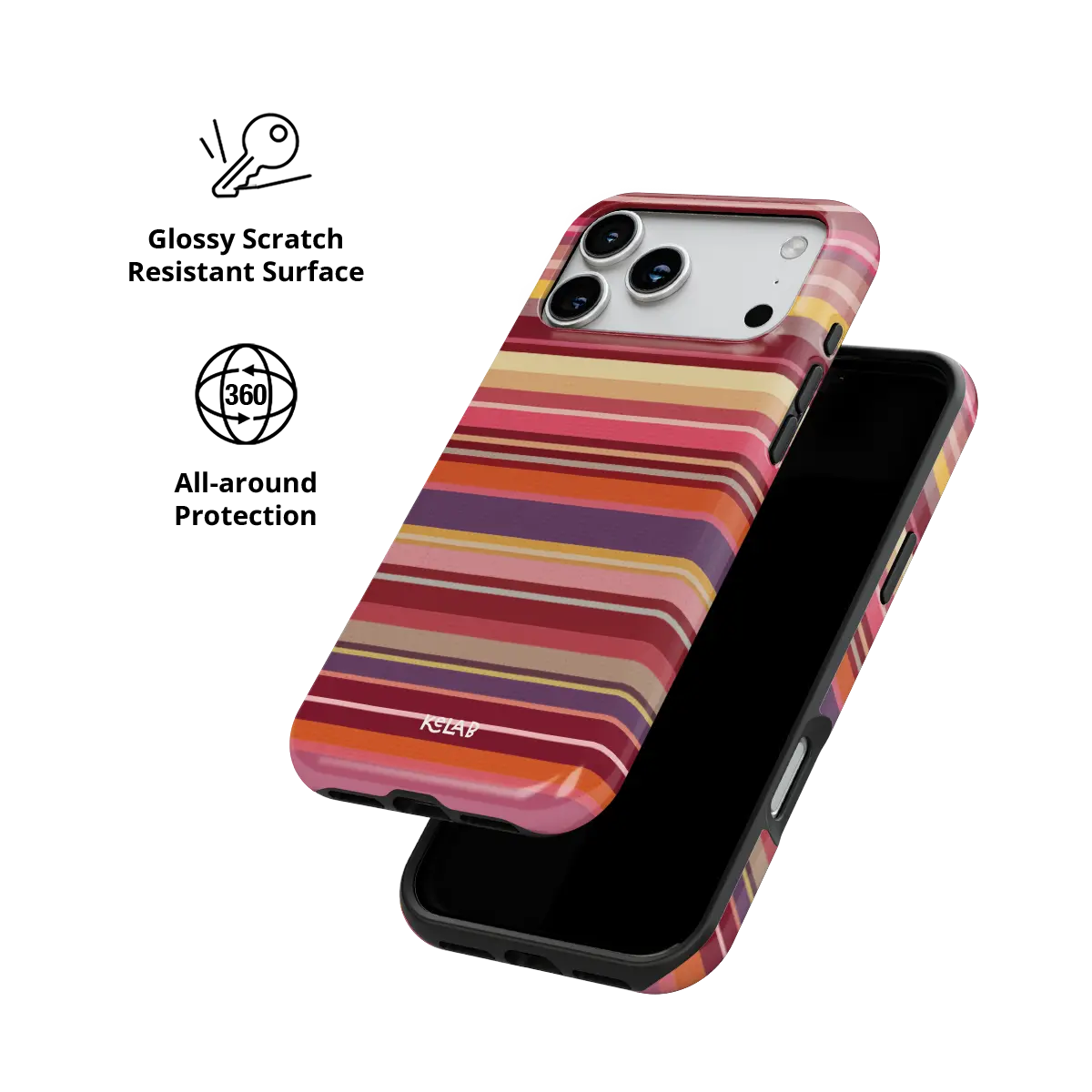Warm red multi-stripe Tough iPhone case, glossy scratch-resistant all-around protection.