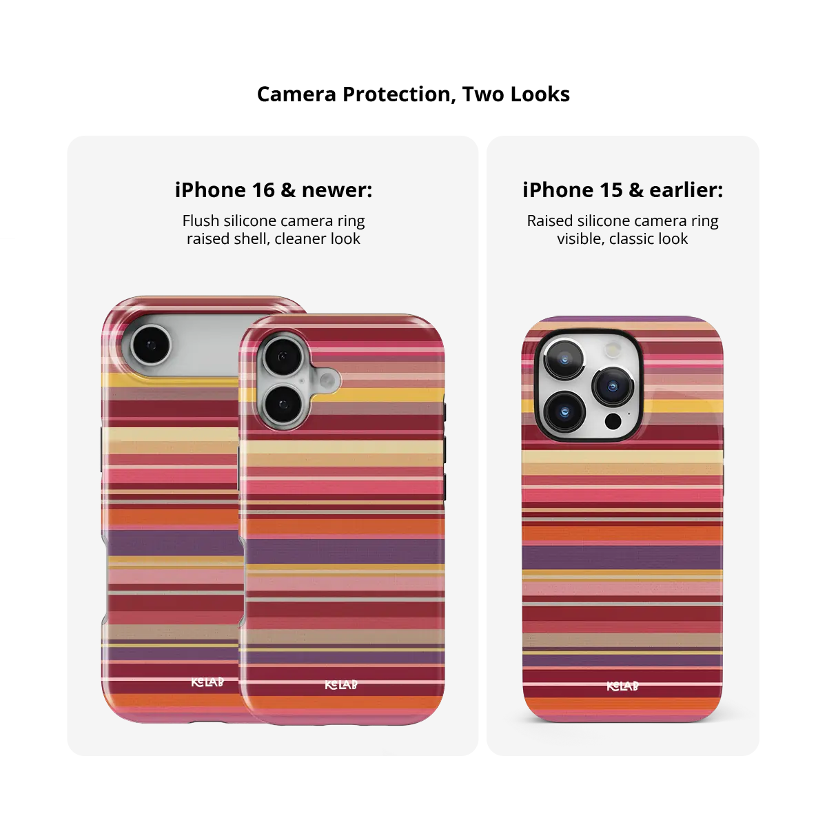 Warm red multi-stripe Tough iPhone case, size compared across iPhone 15-18 models.