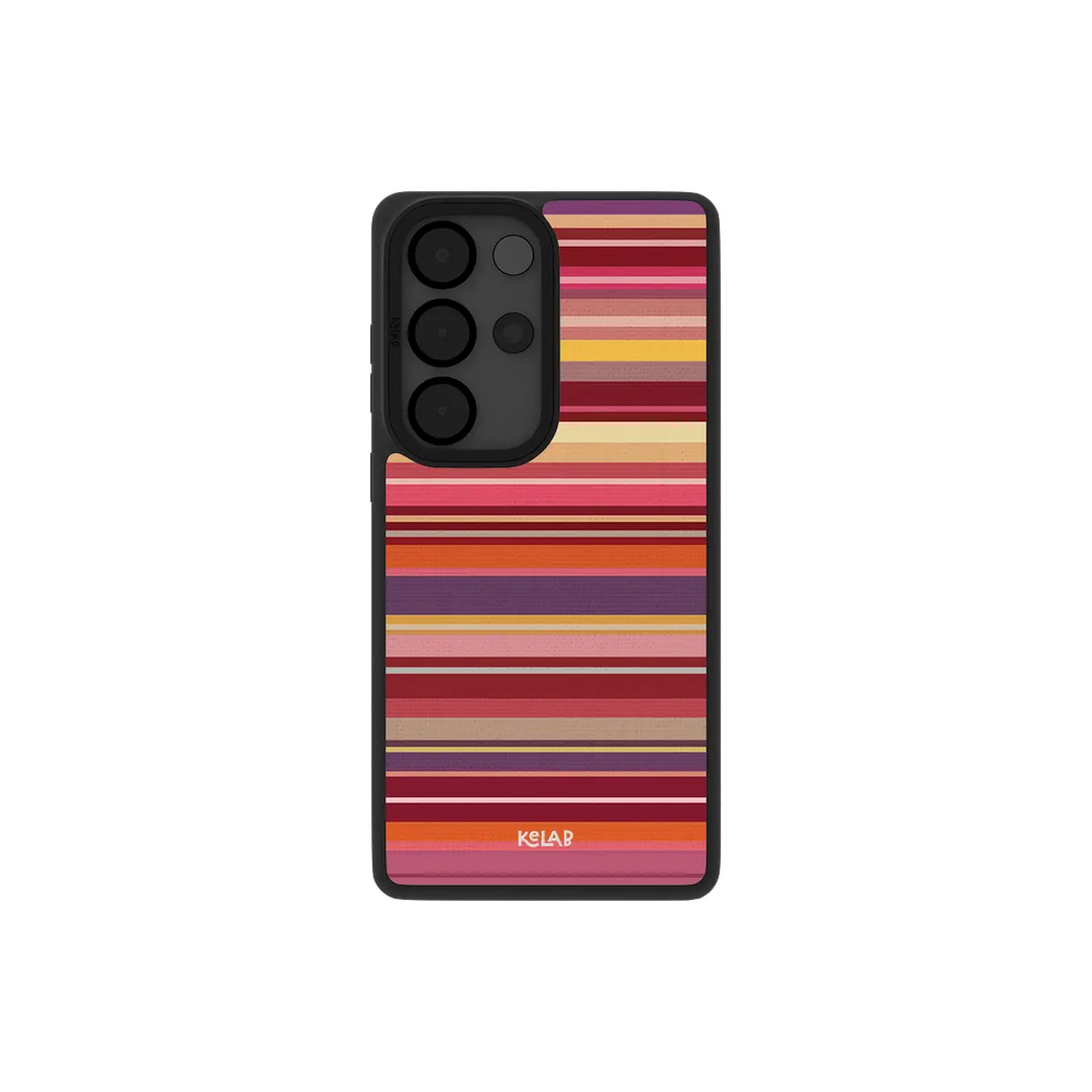 Red multi stripe Samsung Galaxy case, back view with crimson, rust and plum bands around the camera cutout