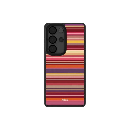 Red multi stripe Samsung Galaxy case, back view with crimson, rust and plum bands around the camera cutout