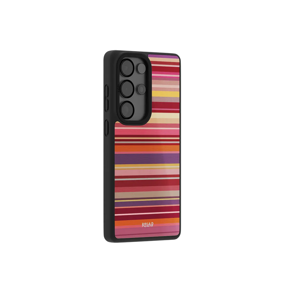 Red multi stripe Samsung Galaxy case at a side angle showing the wrapped button covers