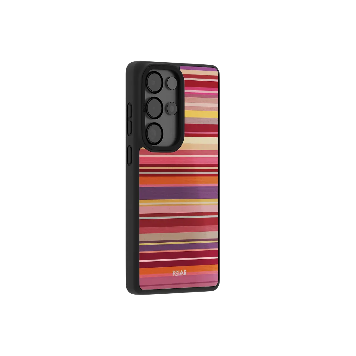 Red multi stripe Samsung Galaxy case at a side angle showing the wrapped button covers