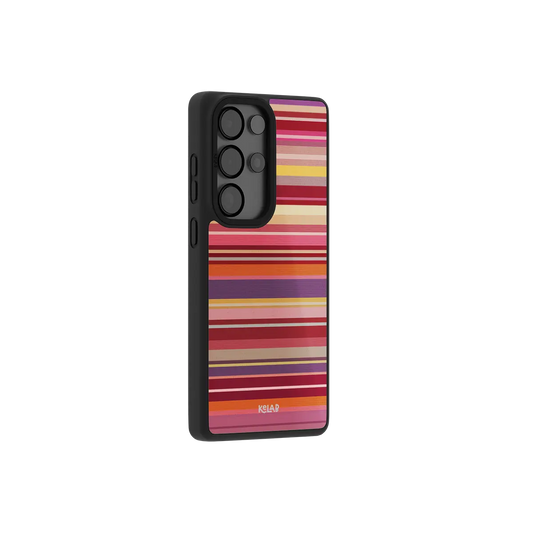 Red multi stripe Samsung Galaxy case at a side angle showing the wrapped button covers