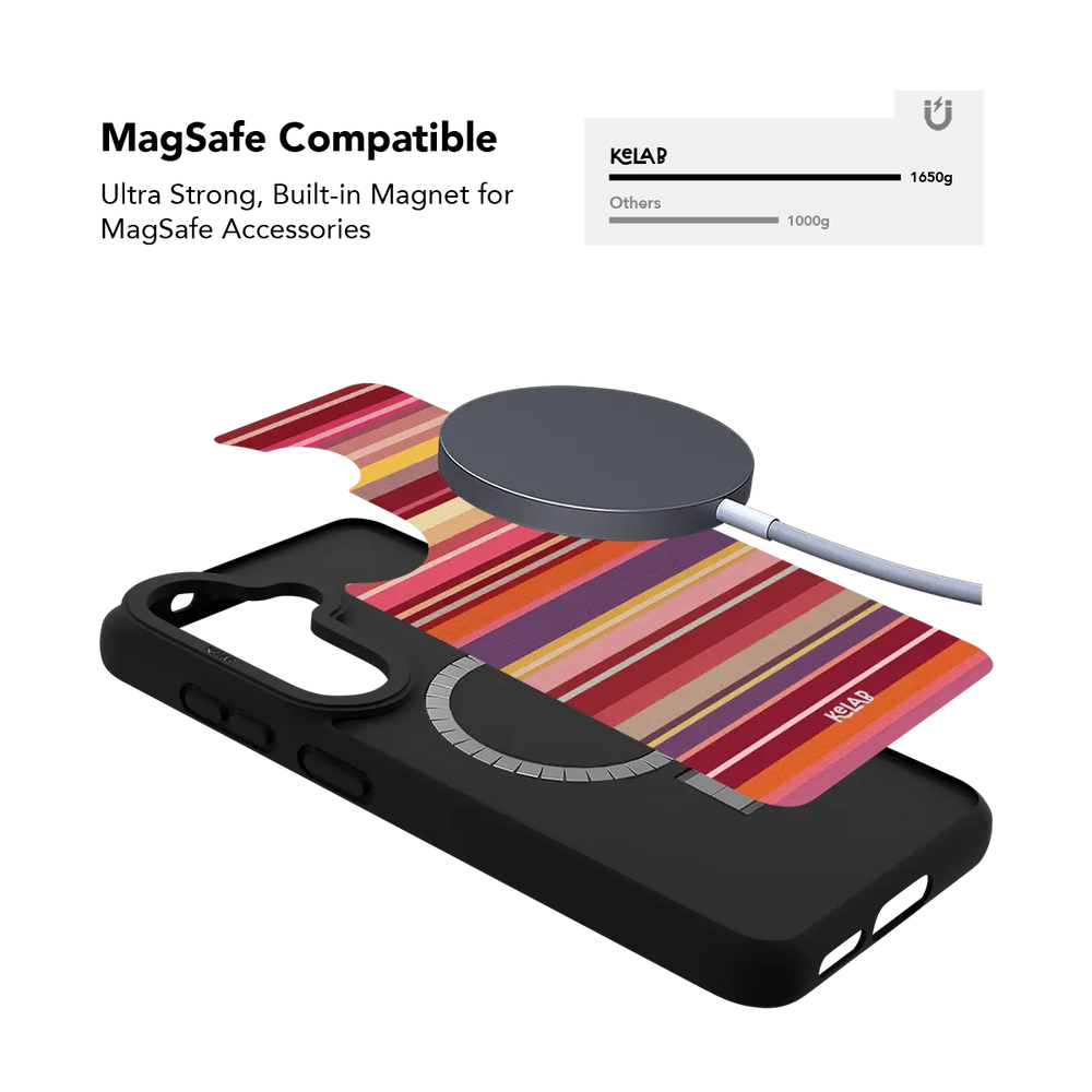 Red multi stripe Samsung Galaxy case holding a magnetic wireless charger through the built in ring