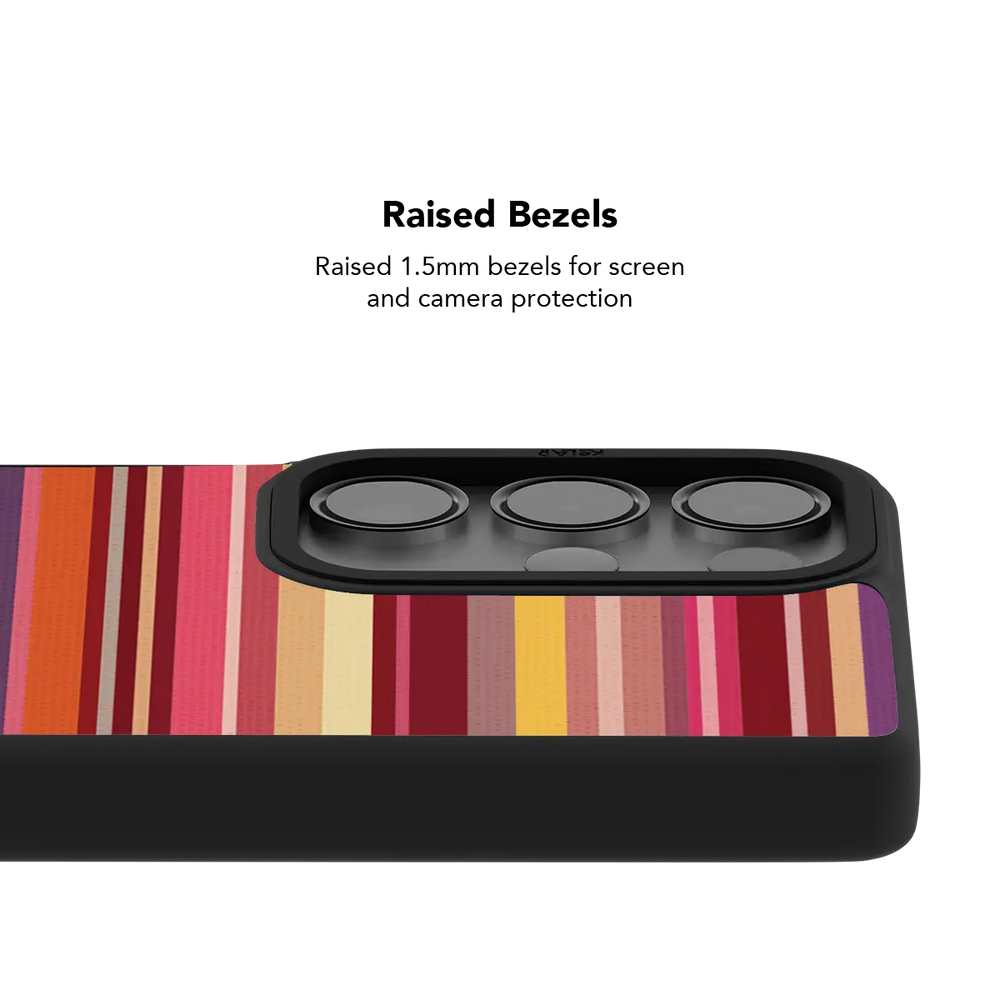 Raised bezel on the red stripe Galaxy case lifting the camera lenses clear of a flat surface