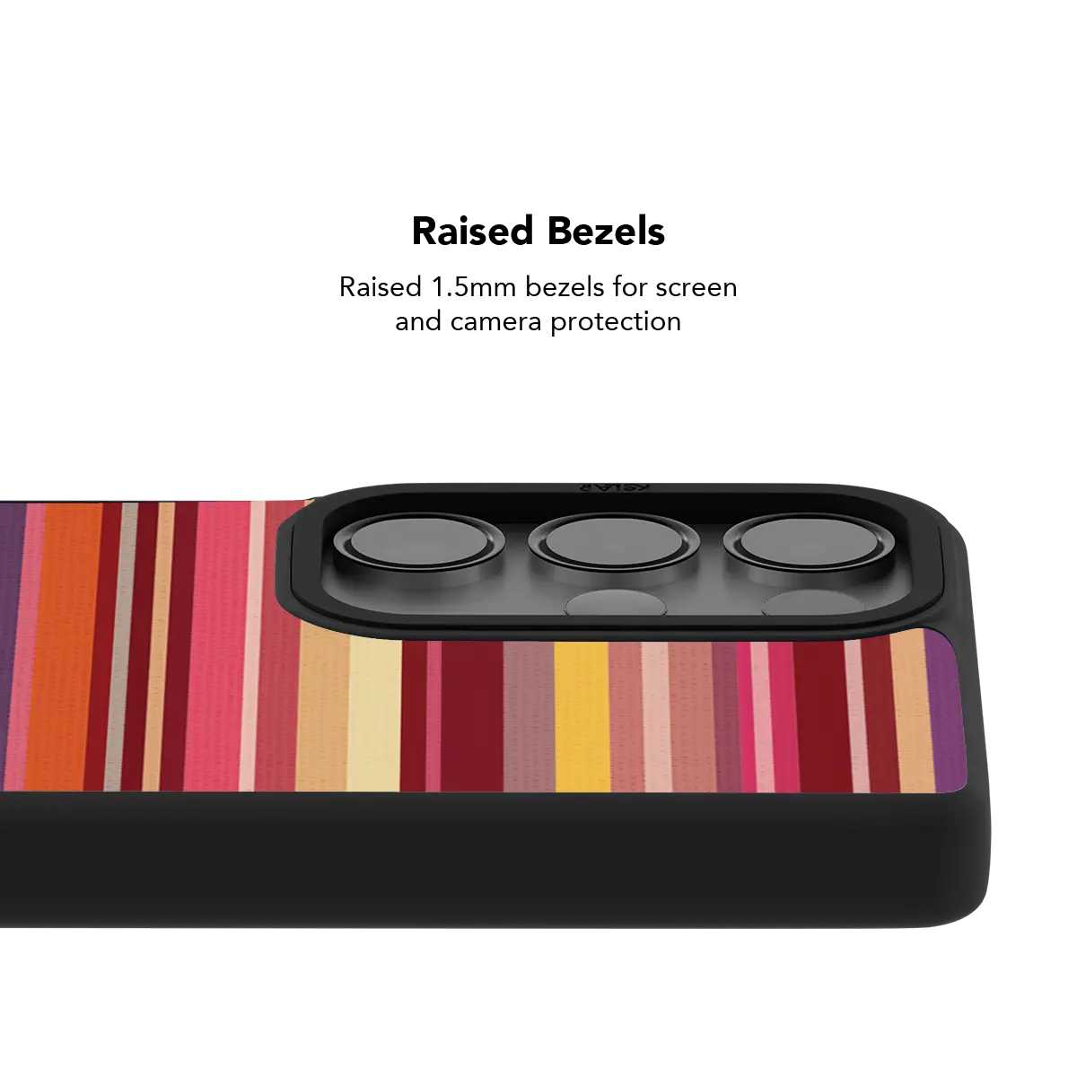 Raised bezel on the red stripe Galaxy case lifting the camera lenses clear of a flat surface
