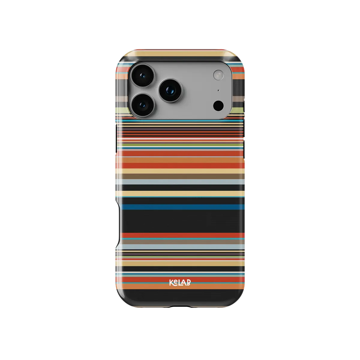 Colourful multi-stripe Tough iPhone case, front view showing the pattern.