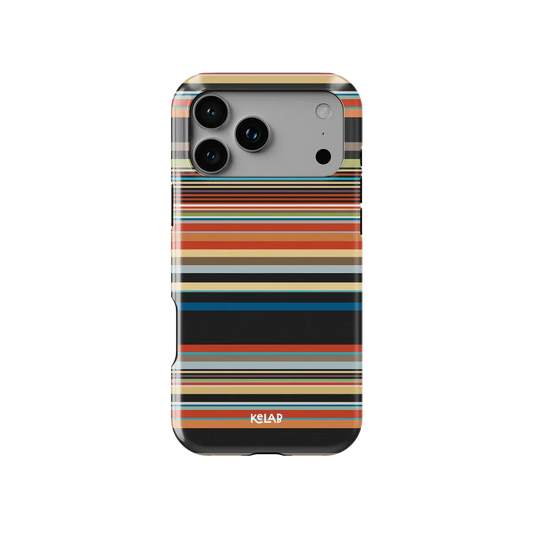 Colourful multi-stripe Tough iPhone case, front view showing the pattern.