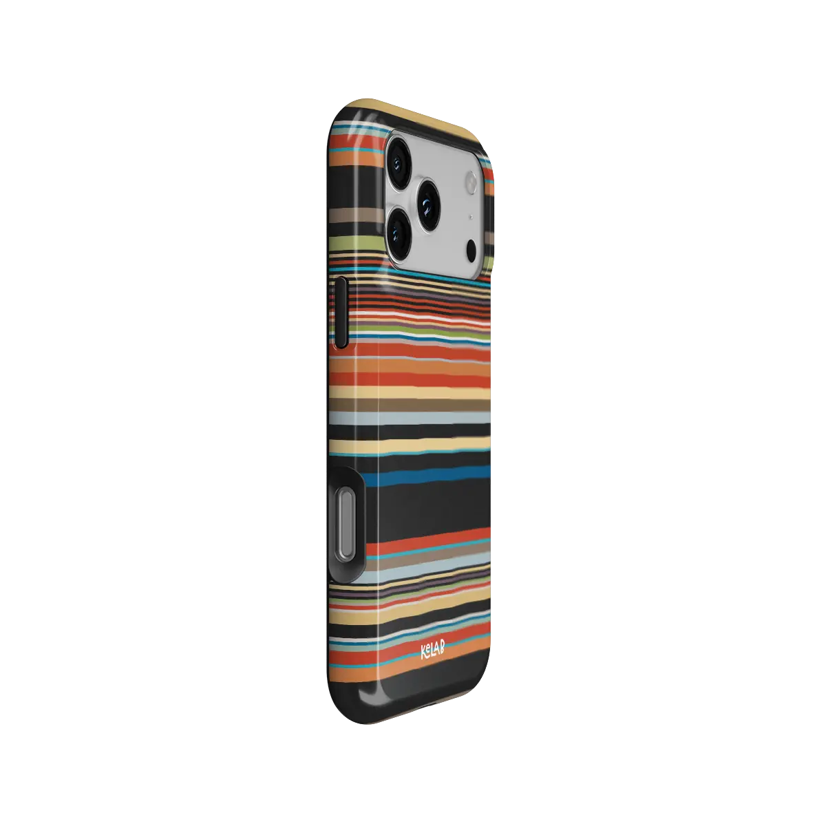 Colourful multi-stripe Tough iPhone case, side view with pattern wrapped around buttons.