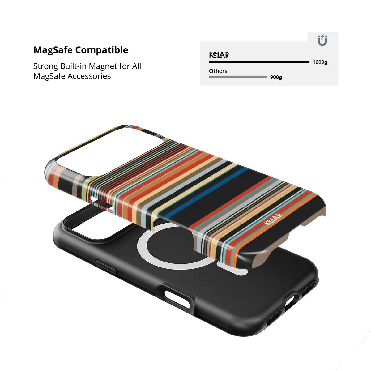 Colourful multi-stripe Tough iPhone case, built-in strong MagSafe magnets.