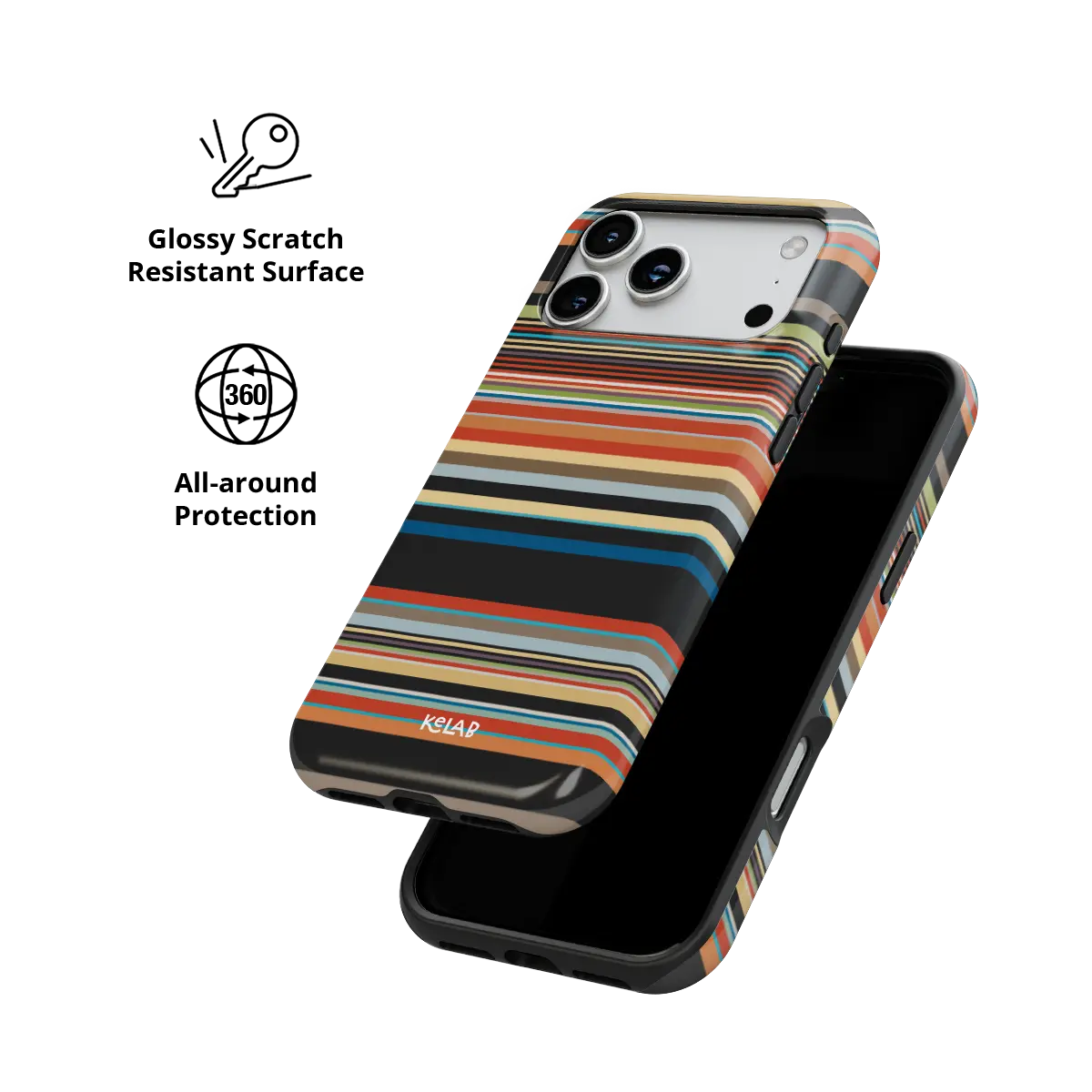 Colourful multi-stripe Tough iPhone case, glossy scratch-resistant all-around protection.
