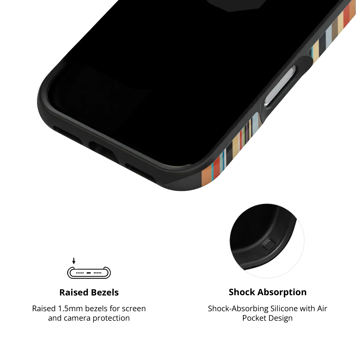 Colourful multi-stripe Tough iPhone case, inner view with shock-absorbing liner.